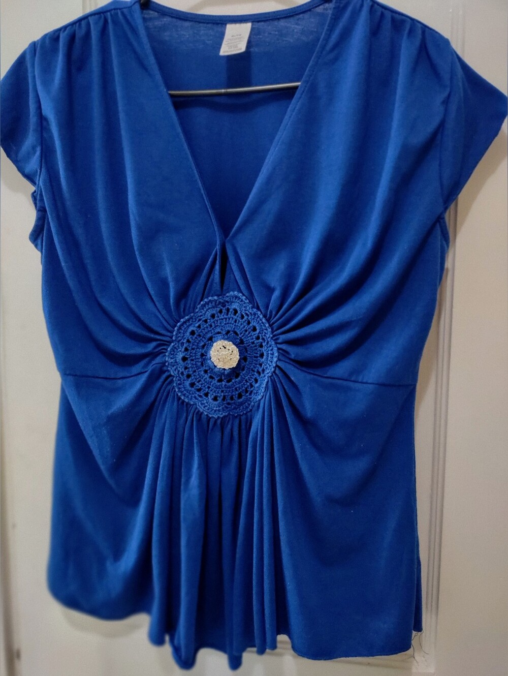 Royal Blue Embellished Crochet Short Sleeve V-neck Low Plunge Top